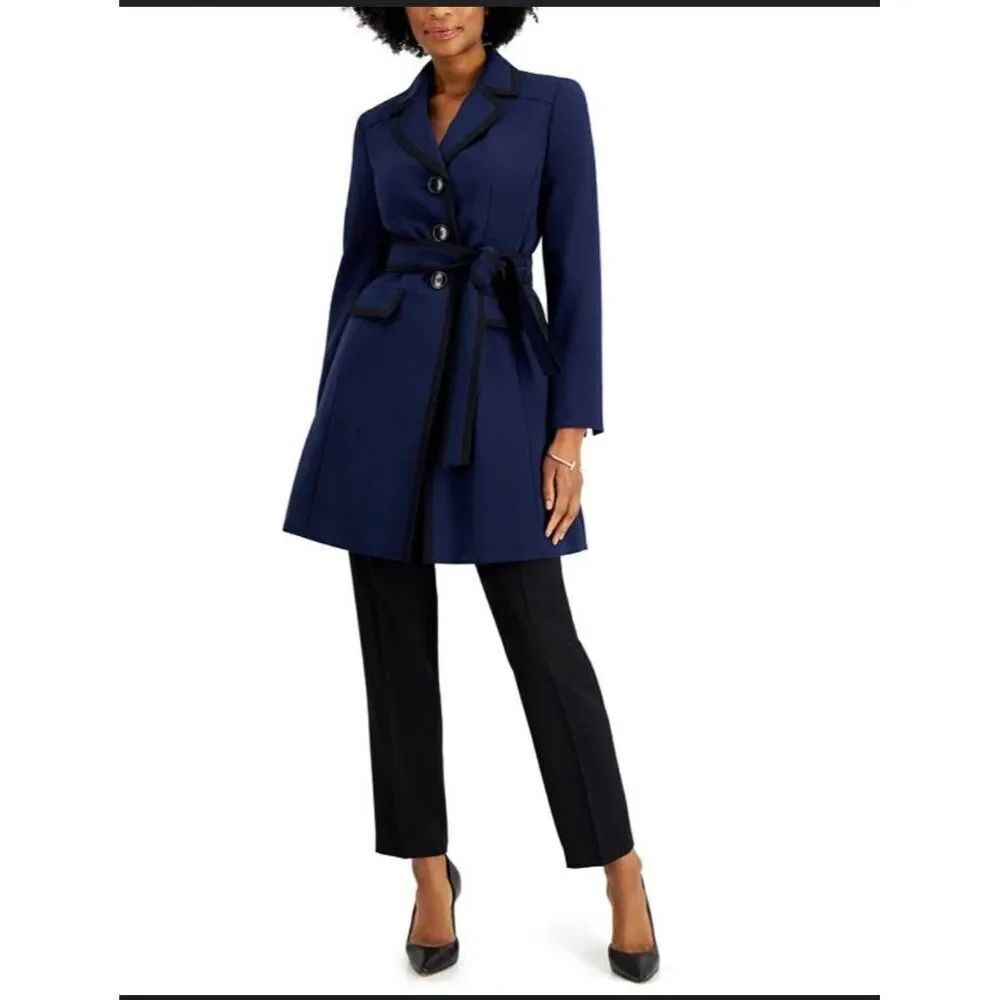 Le Suit Women Petite Blue With Black Trim Topper Jacket Size 10P